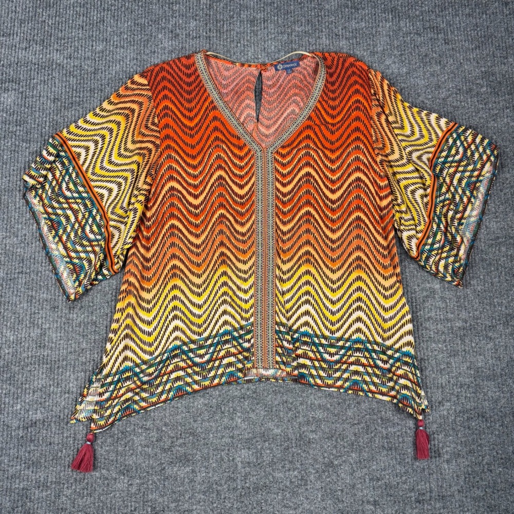 Democracy Top Womens S Rayon Geometric Embroidered Trim Tassel Handkerchief